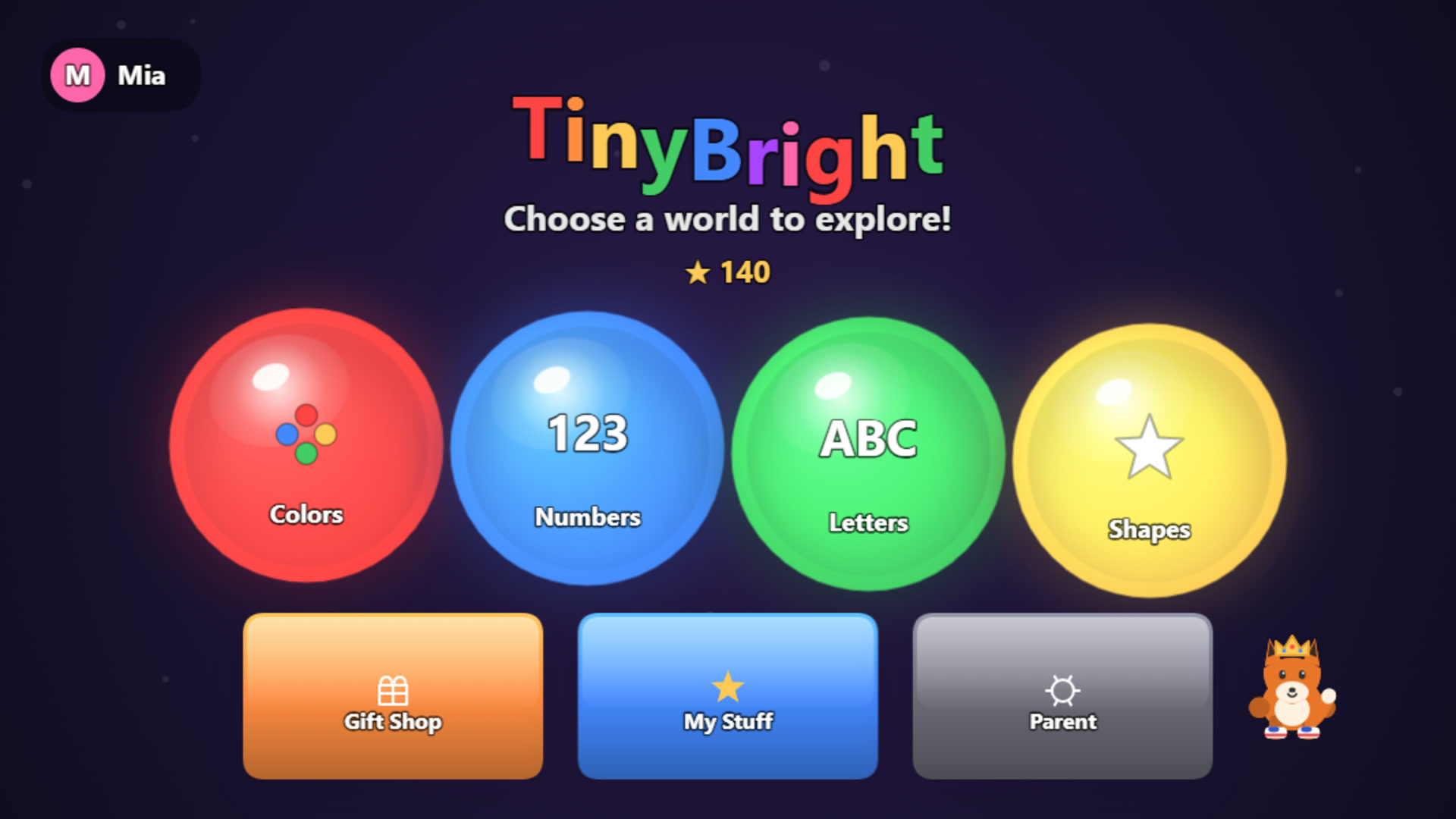 The TinyBright home screen: four colored worlds to choose from