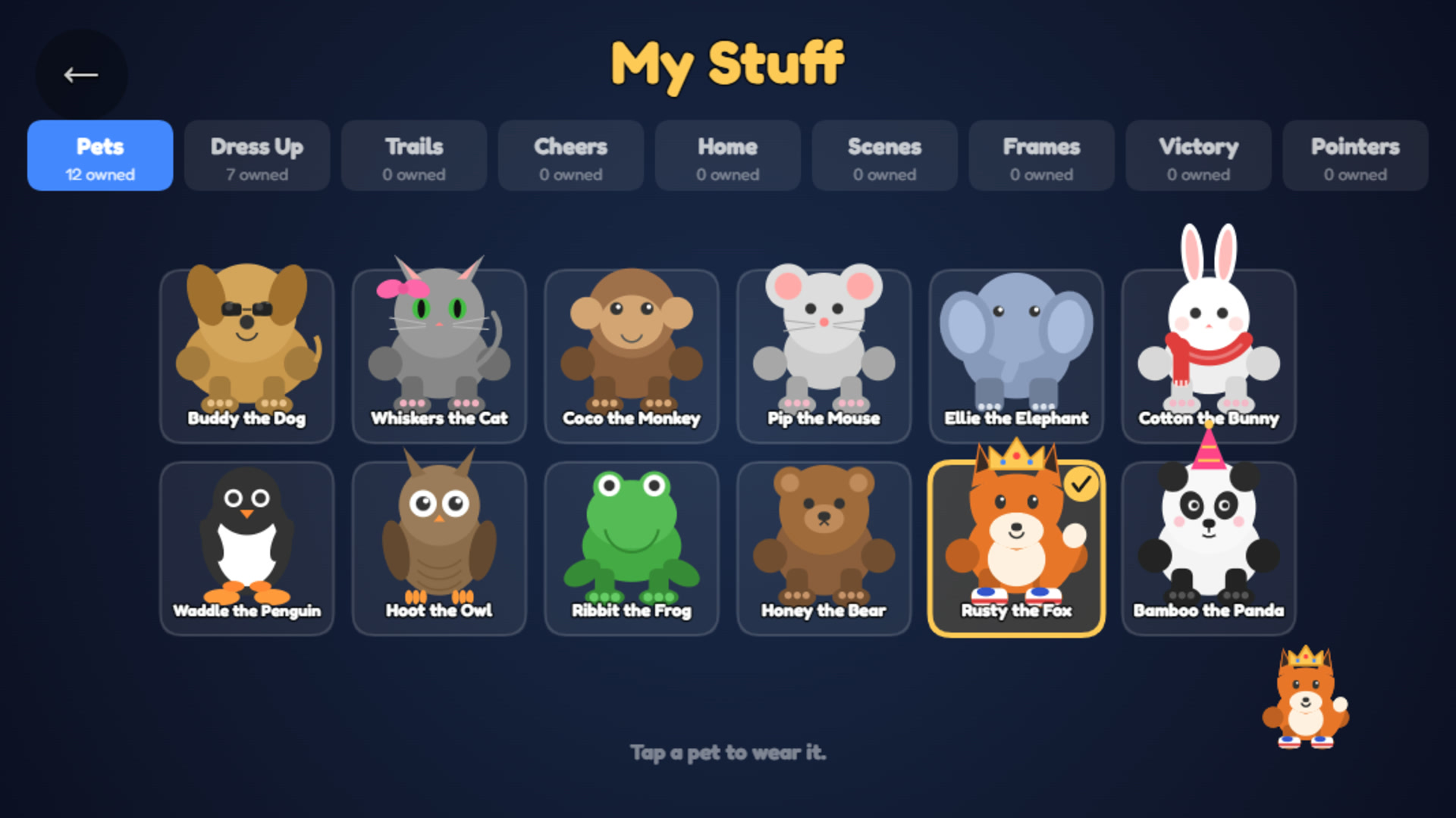Collected pets and dress-up items in My Stuff