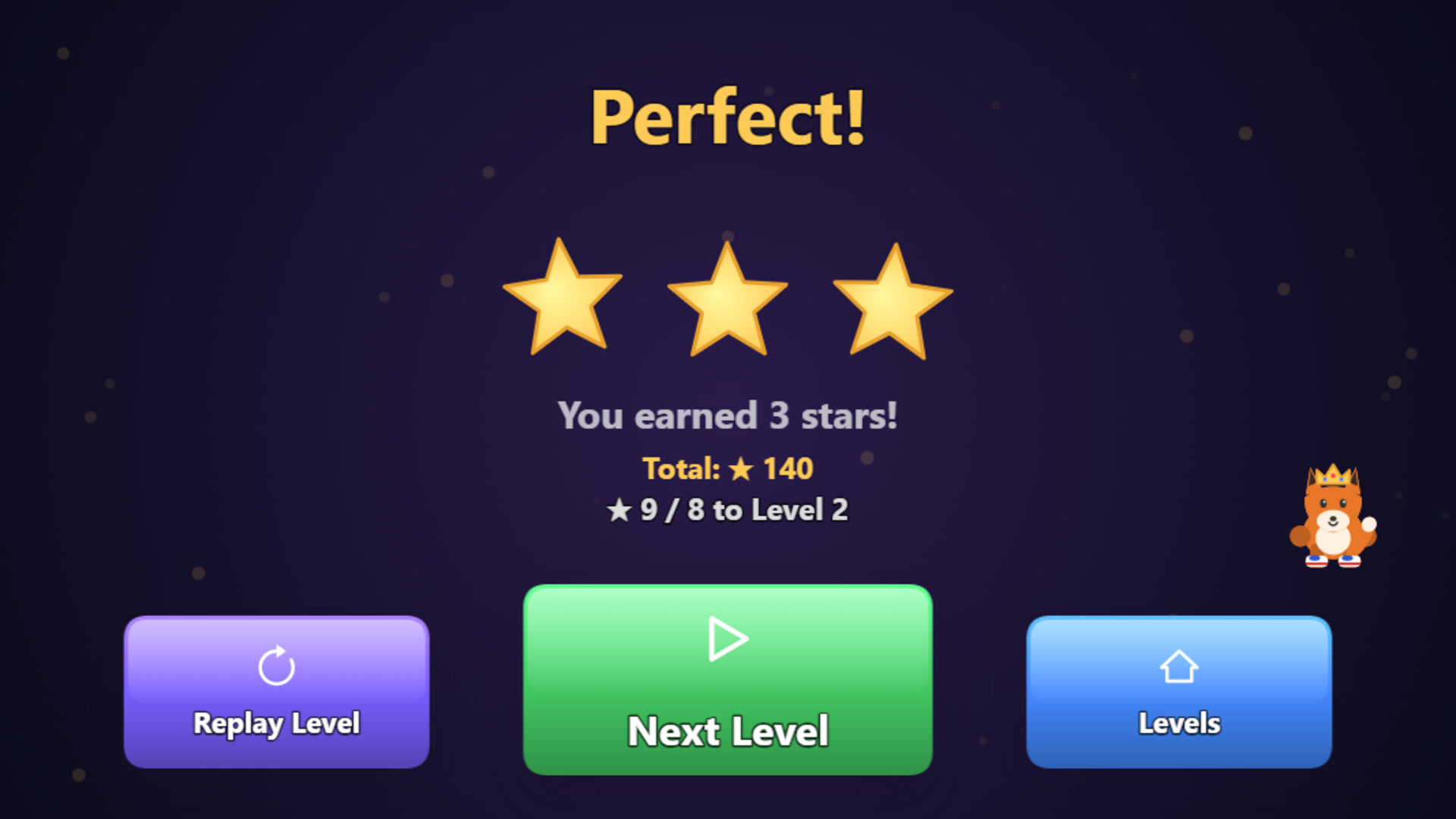 The reward screen with stars earned