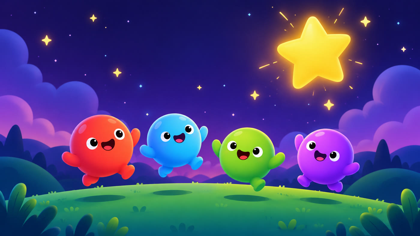 Four friendly TinyBright characters bouncing under a glowing gold star in a starry night sky